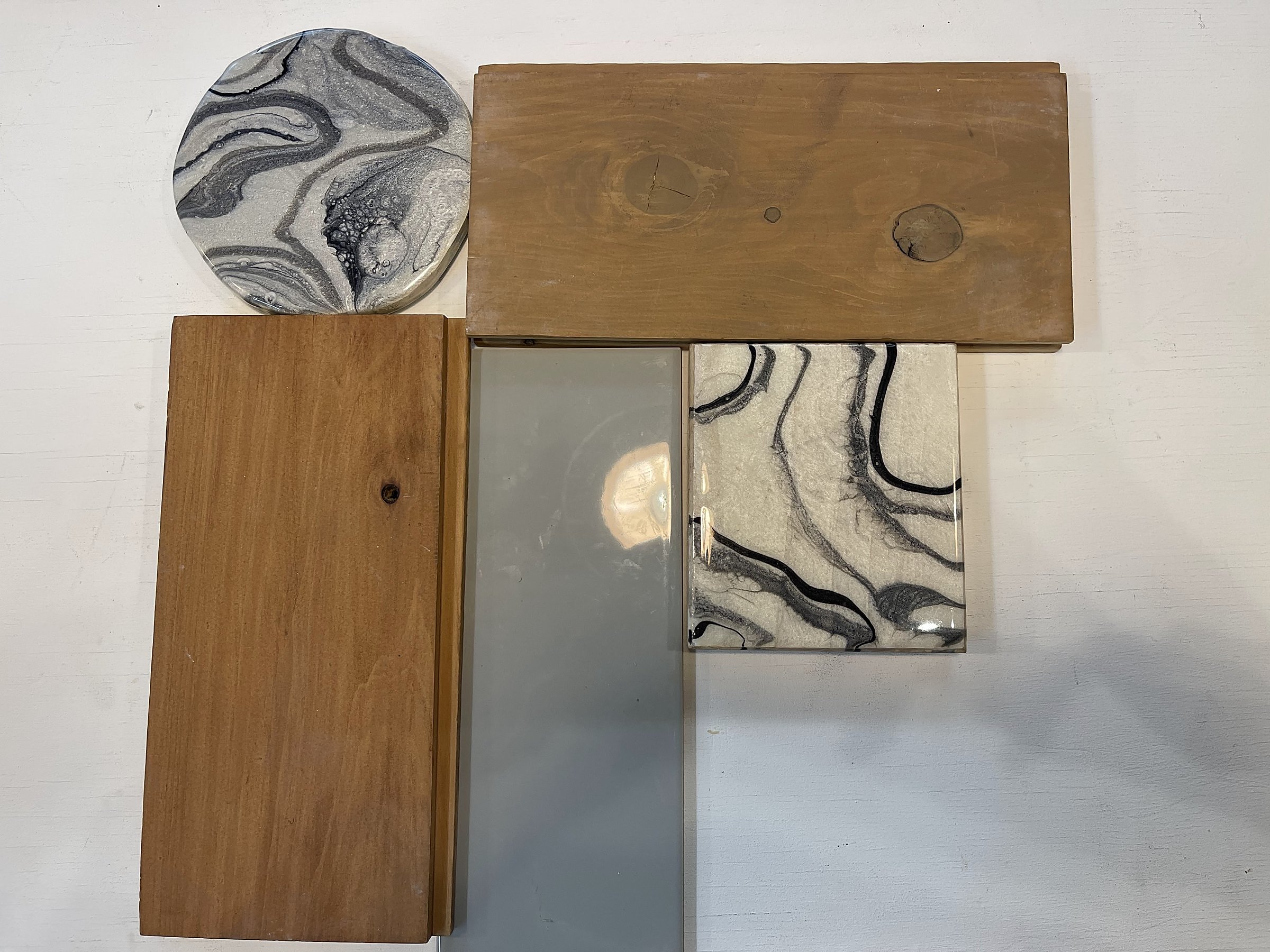 Covent Garden Deli — material samples, timber and stone finishes selected for the counter