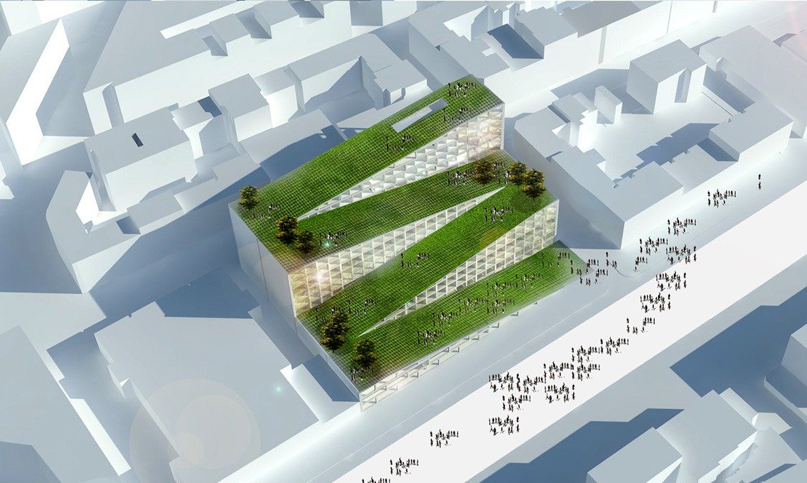 Hamburg Sky Park — aerial massing showing continuous public loop folding over the building, with rooftop park, diagonal pedestrian paths, and surrounding urban fabric