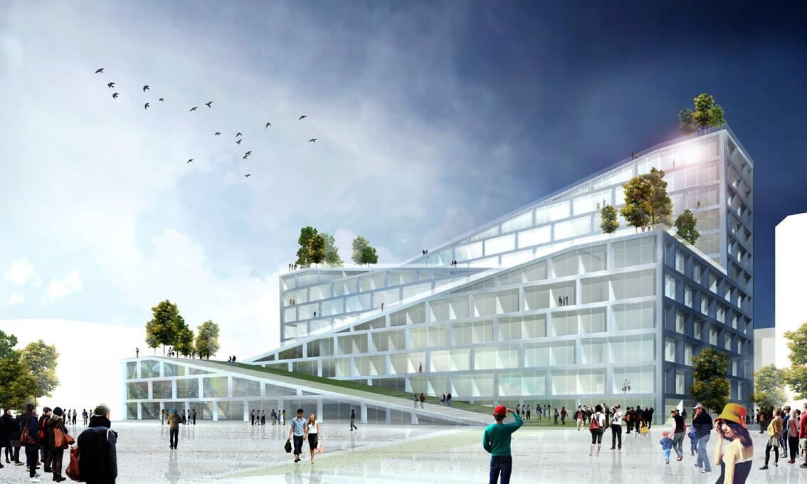 Hamburg Sky Park — ground-level view showing the ramping Sky Park, rooftop trees, and the public realm with the building rising to a 360° rooftop restaurant