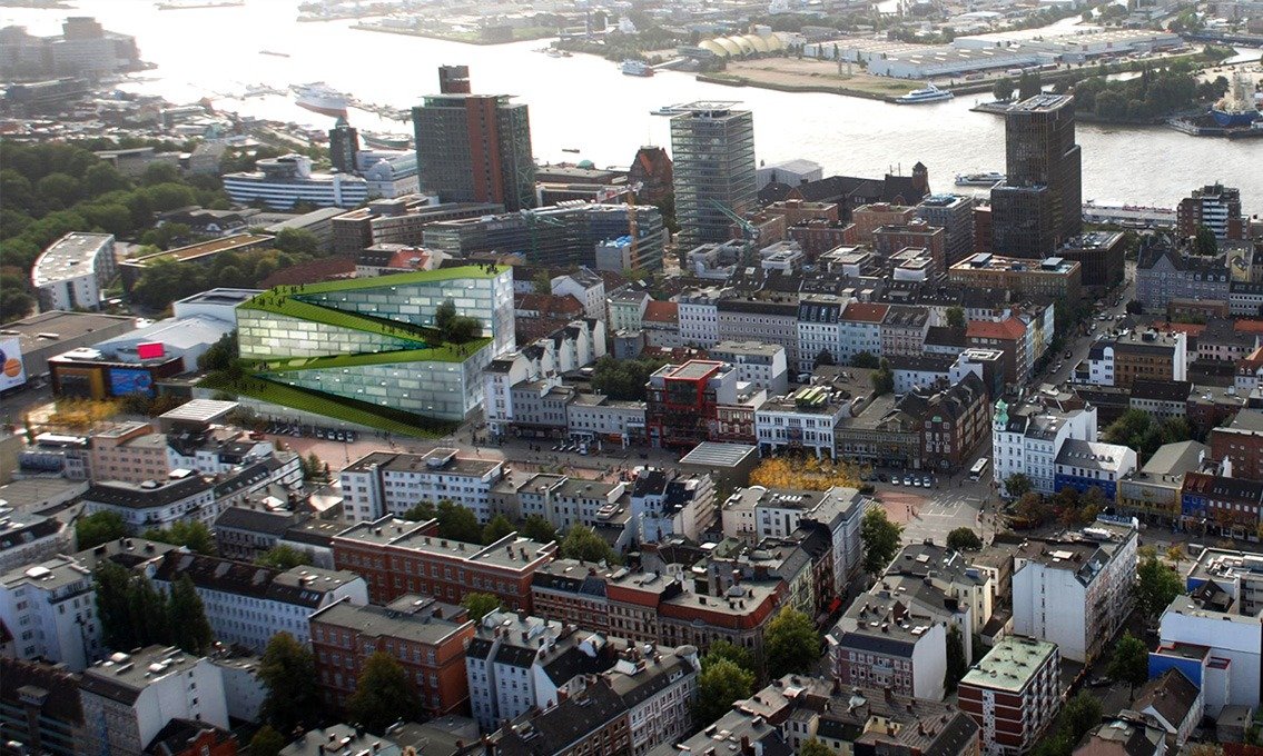 Hamburg Sky Park — aerial close-up showing the rooftop park programming, trees, pedestrian congregation, and the building's relationship to neighbouring fabric