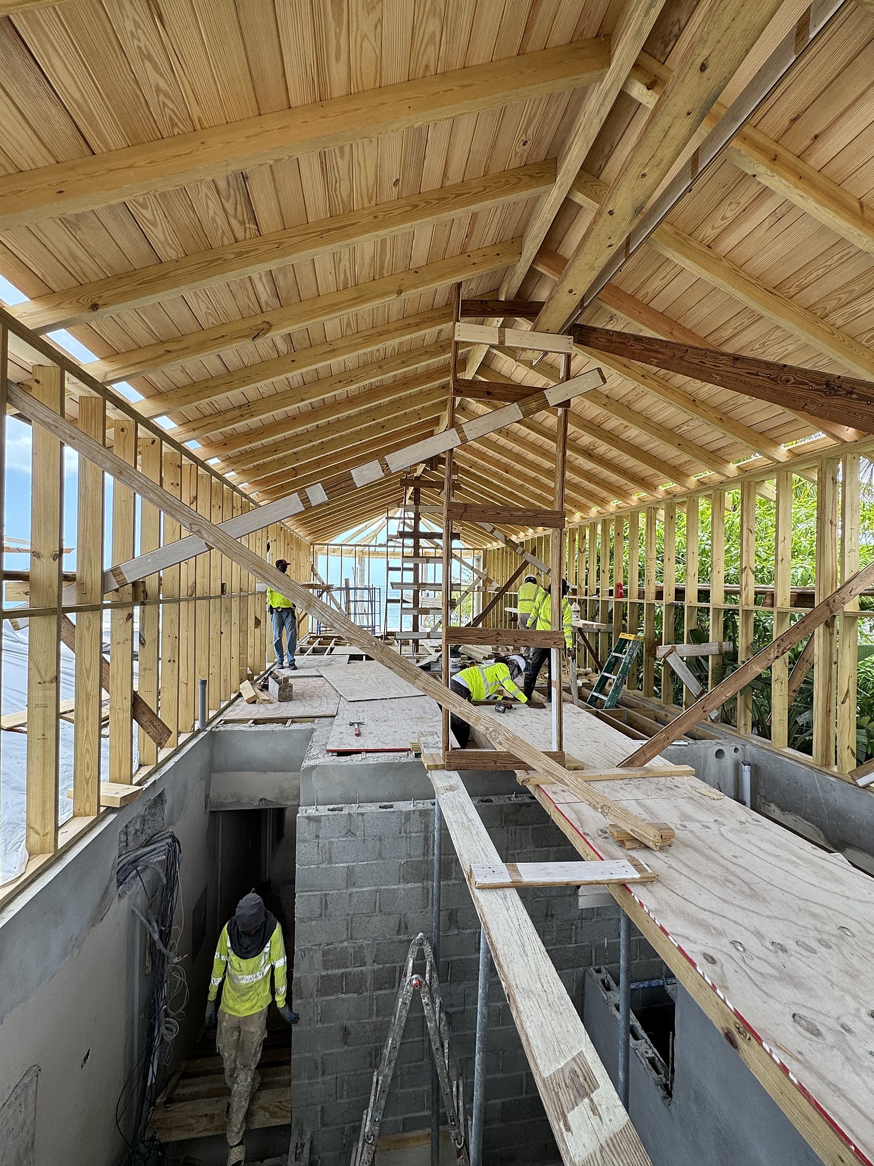 Private Residence, Jolly Harbour — second-level addition, roof framing under construction