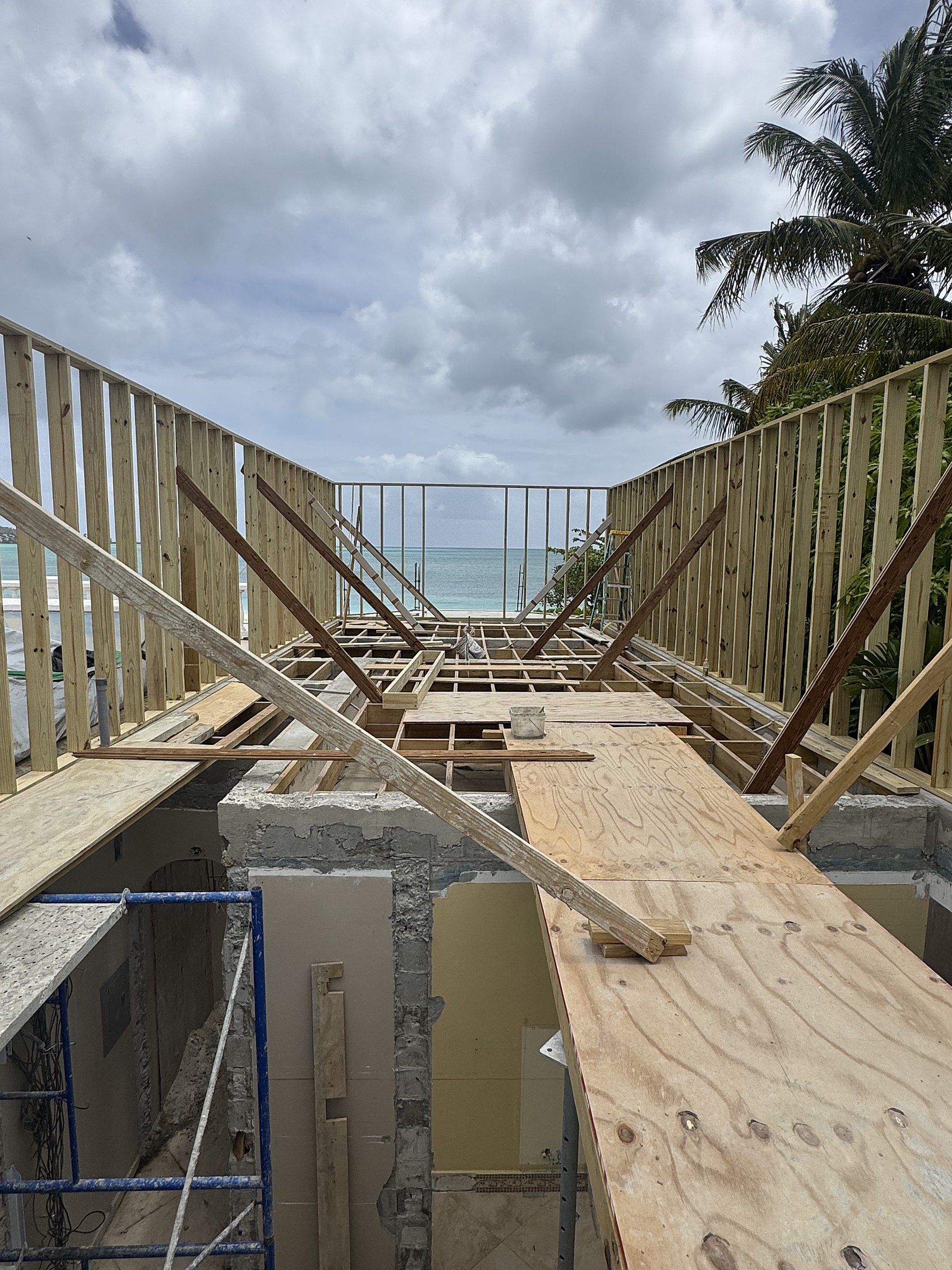 Jolly Harbour Residence — roof rafters and plywood decking under construction, ocean beyond